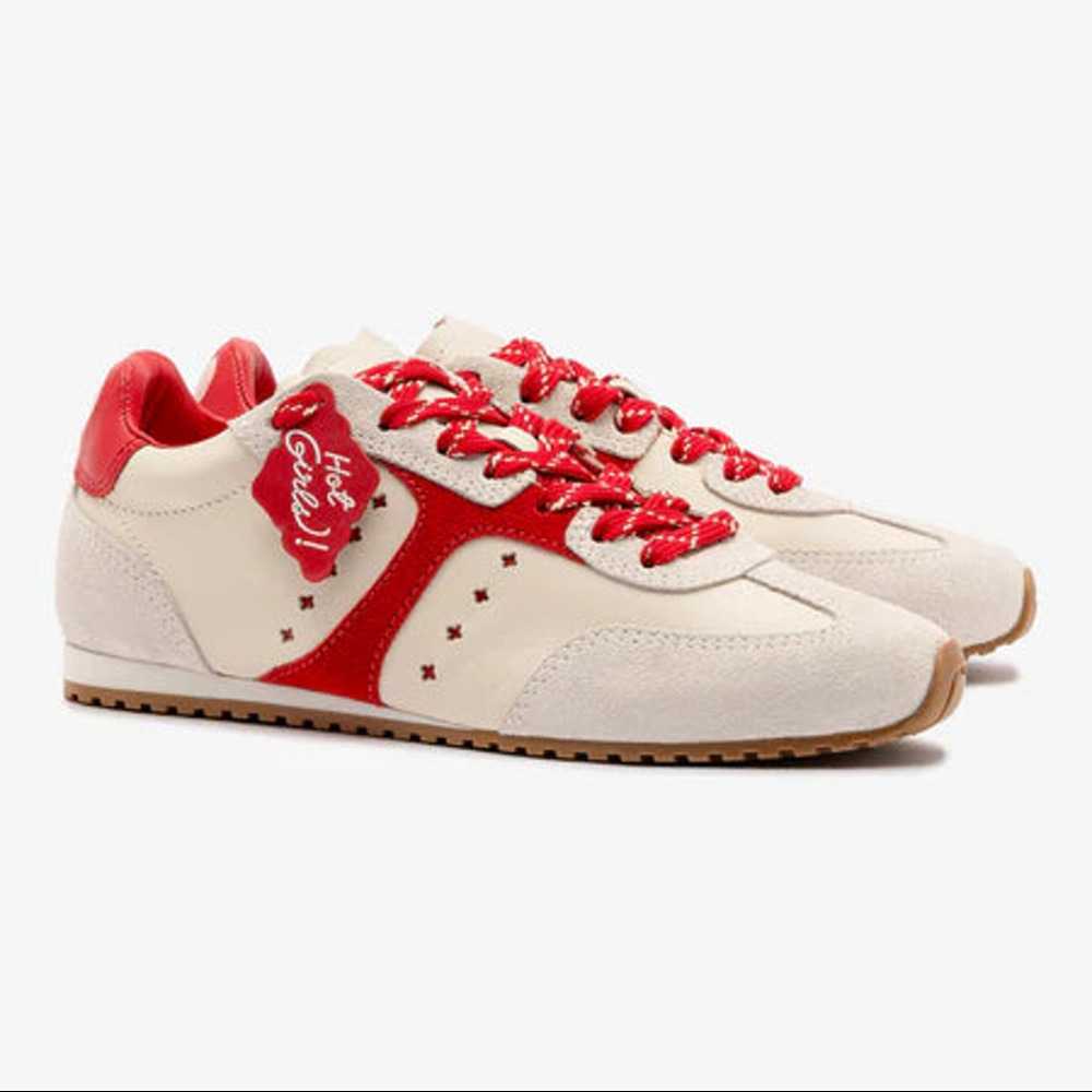 NWT Larroude Stella Amore Sneaker Ivory Leather and Scarlet Suede Women's Size 9